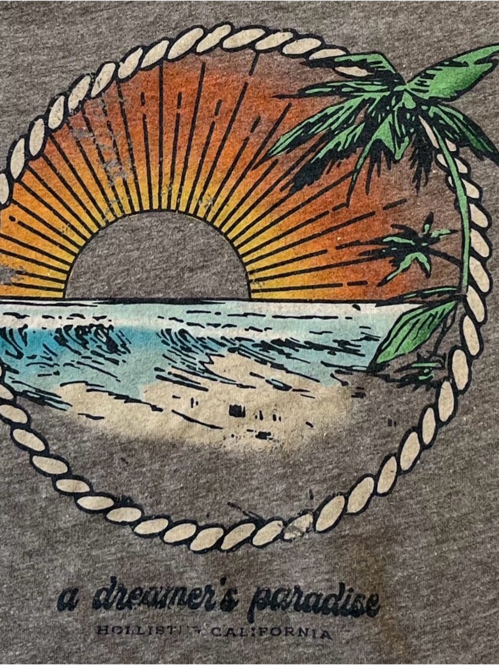Hollister Crop Gray Tee with Orange Sunset and Teal Waves - XS
